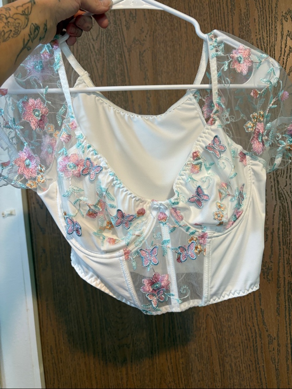 White Embroidered Butterfly Floral Bustier Top size medium